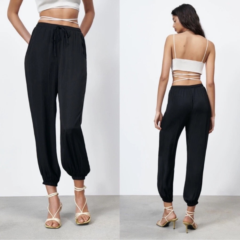 Zara black satin pleated joggers